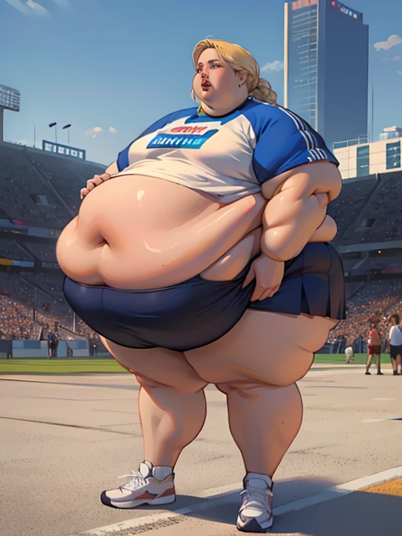 Maisie Williams, masterpiece quality, (masterpiece quality:1.3), high res, realistic, lots of detail, alone, 1girl, (1girl:1.9), solo, in a football stadium, stadium stands in background, on football field, short hair, (short hair:1.5), brunette, (brunette:1.9), wearing cheerleader uniform, wearing choker collar, topless, (naked breasts:1.5), naked body, (naked body:1.5), bare legs, (bare legs:1.5), fat body, obese belly, (obese belly:1.7), ssbbw, (ssbbw:1.5), vore belly, (vore belly:1.5), gigantic breasts, (gigantic breasts:1.7), lots of cleavage, ahegao, (ahegao face:1.5), blushing, (blushing:1.4), lactating breasts, (lactating breasts:1.5),