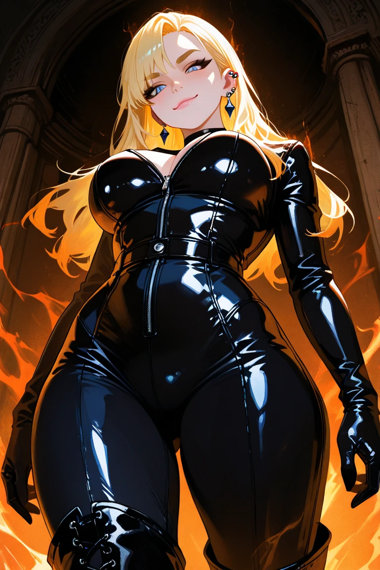 Sexy Hermaphrodite, Plump, pursed lips, freckles, Long curly black and yellow hair with bangs, Crystal blue eyes with smoky eyeshadow and black eyeliner, Black semi-matt lipstick, Dark Skin, A frivolous, proud smile, ,Full body image
