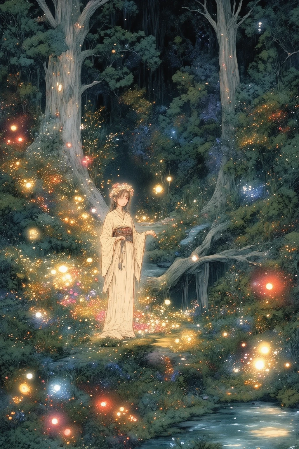 Fantasy art of a woman standing by a creek flowing through a mysterious ...