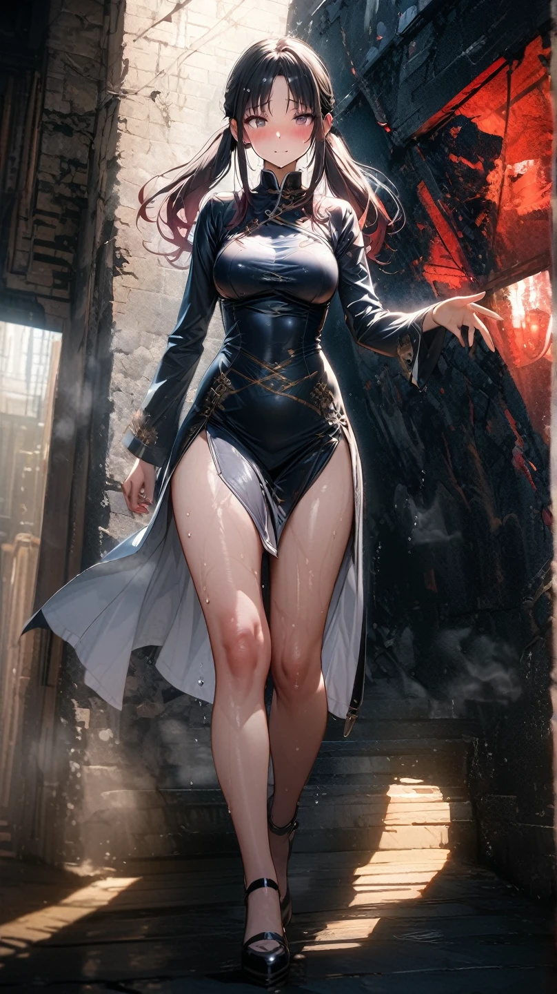 Ultra realistic illustration of 1girl, ahoge, black_legwear, blush, cape, dress, gloves, hat, long_hair, long_sleeves, purple_hair, sheath, sheathed, short_dress, side_slit, solo, sword, thighhighs, uniform, dynamic pose, abs, look at viewer, (large breast:1.5), (blue eyes:1.5), (forced smile:1.5), hyperrealistic, dramatic, pixabay, 8k, vivid, cinematic lighting, (extremely detailed), (depth of field:1.5), medium full shot