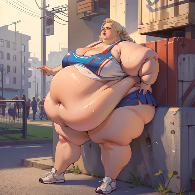 (masterpiece, best quality, absurdres, detailed, realistic:1.2), beautiful young woman, USSBBW, (morbidly obese:1.4), (fatblob:1.4), (realistic detailed face), gigantic belly, (highly detailed:1.3), extreme detail, high aesthetic, hot pants, tanktop, blonde braided hair, holding a huge burger, burger joint
