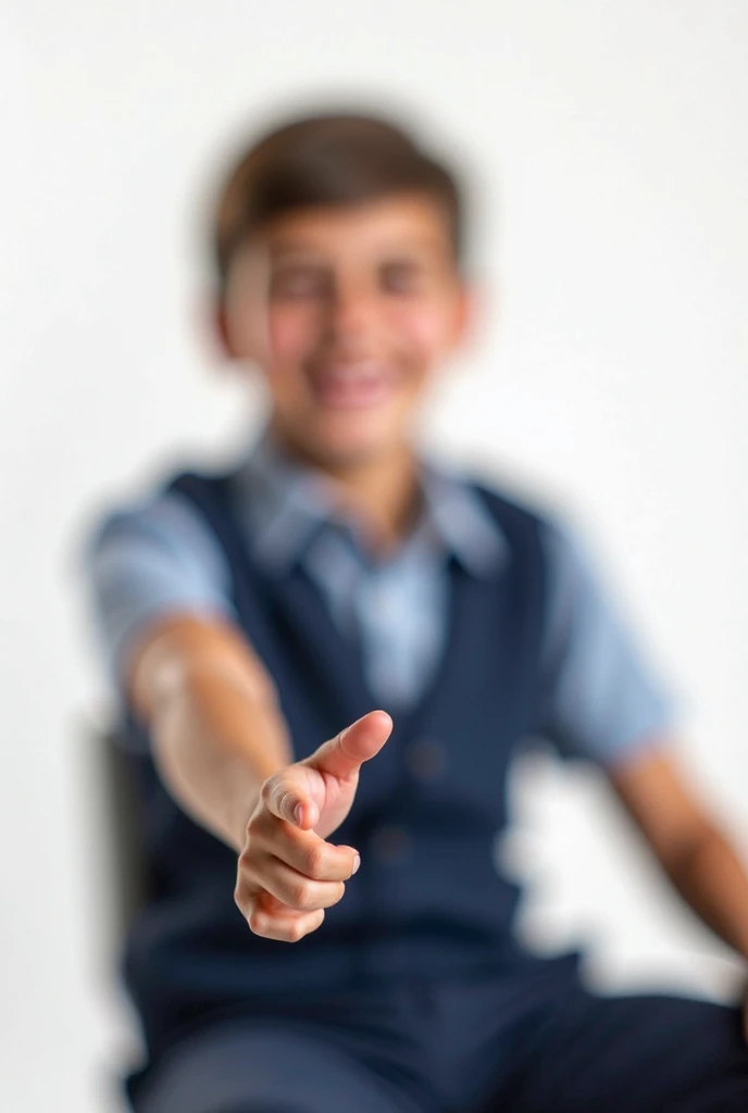 create a drawing, 4k, blurred background,a closeup of a boy sitting at a table with a peace sign, boy called finger, young boy, giving middle finger, boy has short black hair, boy with neutral face, peace sign, middle finger, blonde boy with yellow eyes, perfect face and boy, attractive and beautiful, Showing Victory, Blonde Boy, Small Child, Well Kept Model --auto