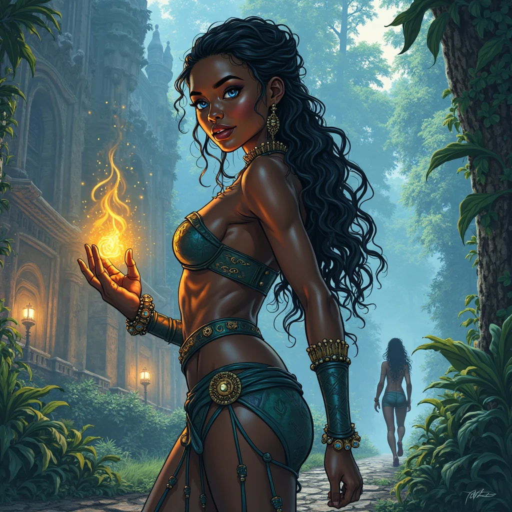 a sexy African woman with a provocative body African beauty and sensuality in the midst of a jungle festival with torchlights in a medieval setting an African festival highlighting the beauty of the African woman's body with provocative gold-plated clothes a sexy African woman black skin gold-plated black skin African beauty in a medieval art in the jungle at night and the night darkness she is dancing with her sensual and warm body, ((sexy pose)), open legs, ((open clothes)), ((????? breasts)), ((pink nipples))