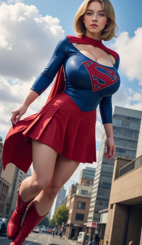 Alexandra dadario body set big breasts，Supergirl costume dress，（big breasts exposed cleavage), street