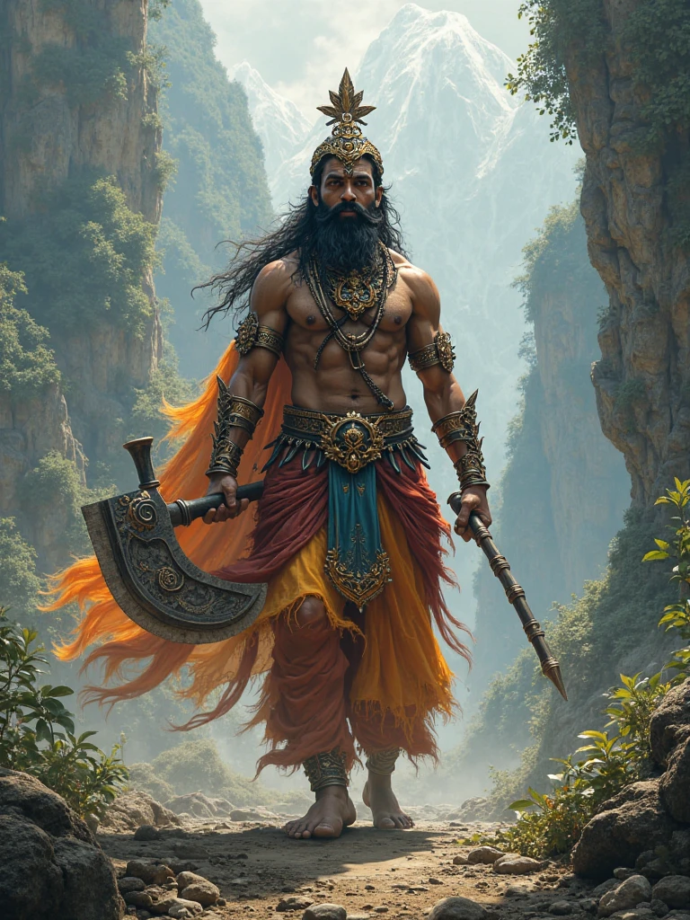 Parashurama, the Axe-Wielding Sage: Lord Parashurama, the warrior sage, depicted in a fierce stance, holding his iconic axe (Parashu) with divine energy radiating from it. He stands in a dense forest, surrounded by fallen enemies, with a serene river flowing nearby.