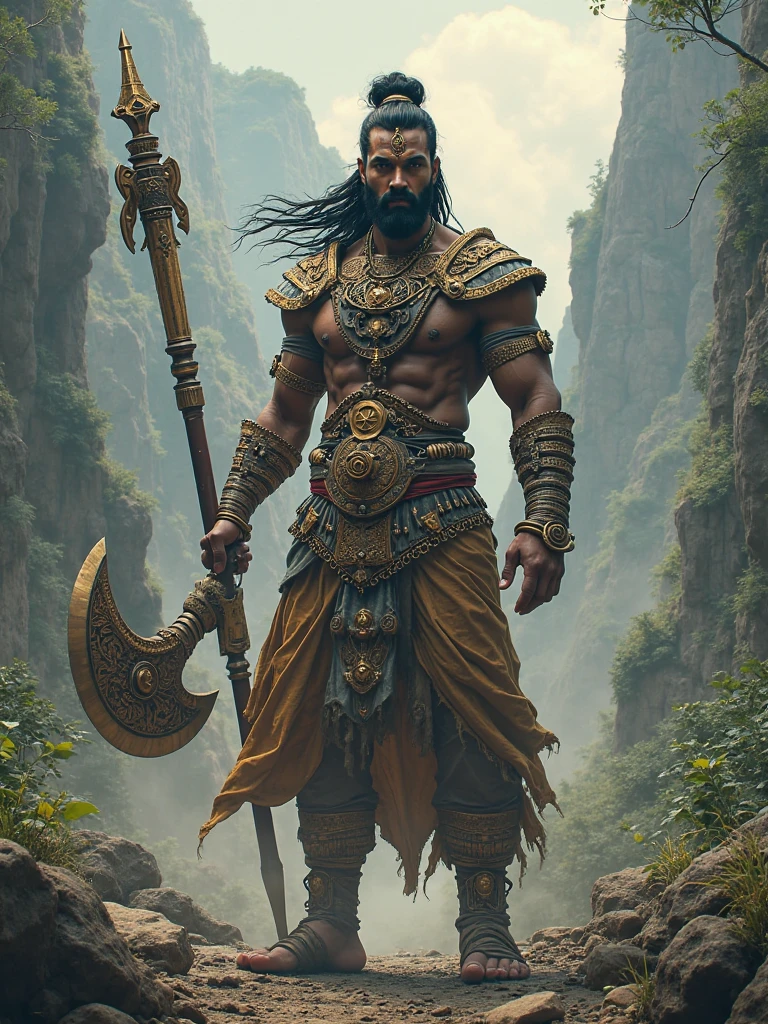 Arawali hills background with A muscular indian  have mustace beard ,have bow and aerrow , katar, sword wearing dhoti, kada bedi with terbun