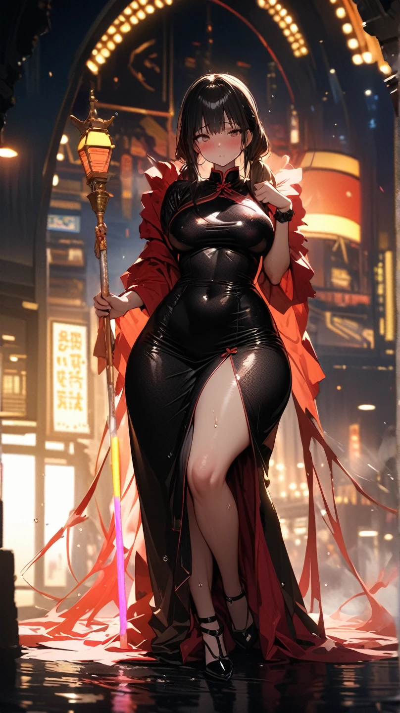 1 woman, 4, hair as black as night (((night black))), wearing a beautiful red dress (((blood red))), close to her body, enhancing her curves, very large breasts, V-neck that goes up to her navel, walking down a street at night, with gates with yellow lights (((yellow gold))), the lighting making her very sensual and unique., greek_clothes_peplos_