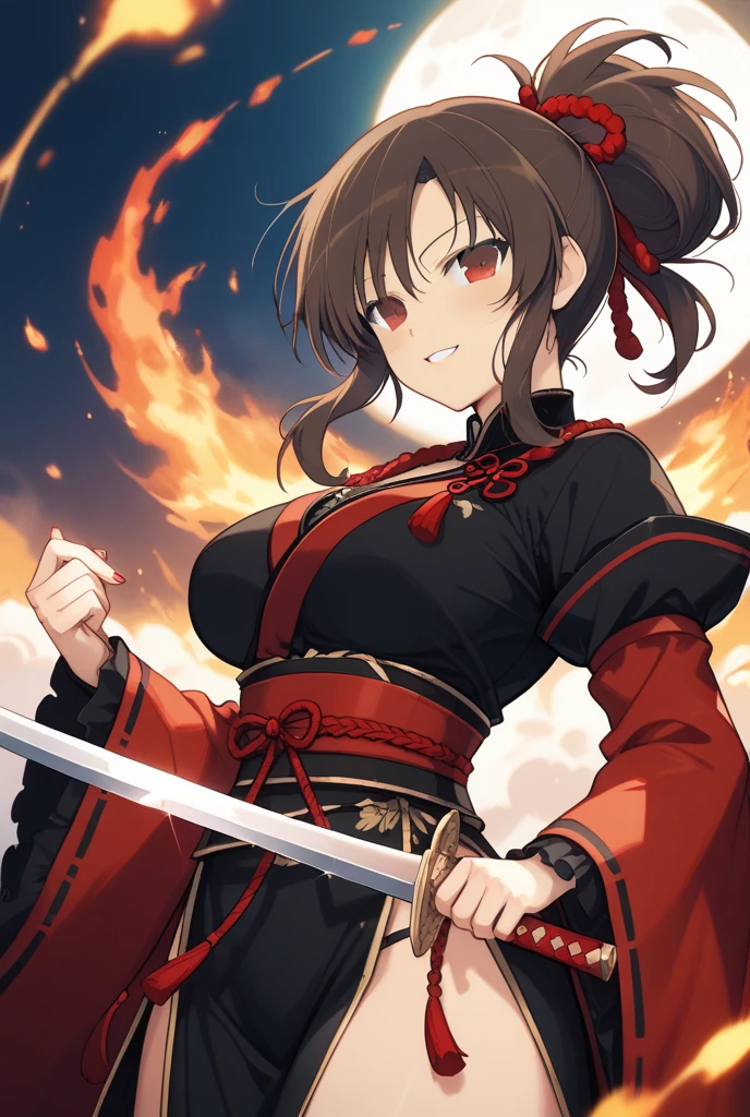 (masterpiece, best quality), 1 Girl,     LiuXiuFate, 1 Girl, Solitary, Long hair, skirt, Large Breasts, （黑色Long hair），Black Hair, Red hair, Hair accessories, Red Eyes, Black gloves, Long sleeve, skirt, cleveage, Hair between the eyes, Ahog, Necklace, Wide sleeves, Striped hair, Chinese clothes, Hanfu，Glowing red sword，Glowing red sword，Glowing red sword