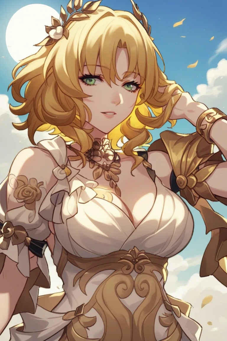 (Hermela, Goddess of Day, Incarnation of Day, ((Maiden)), ((Super Huge Tits))), (Wife), Integrity, Justice, (Extreme Majesty), Golden eyes, golden lips, gold dust, passion like fire, (shaping the glorious atmosphere), fair skin, blond hair, queen, mother, (golden cape), short hair, beautiful legs, ancient Greek god costumes, god of day, (lots of fine gold jewelry), perfect flesh, full of texture, searing rendering effect, jaw-dropping, Captivating visual enjoyment, ((best quality), ((masterpiece)), maximum clarity, multi-layered texture, super detailed, illustration, (super detailed face), (perfect face), clear texture, fine texture, ultra HD detail display, excellent image performance, high-quality illustration, perfectly fit harmonious tones, deep lines, precise brush strokes, with a strong sense of three-dimensional and delicate wear, wonderful color matching, intricate details