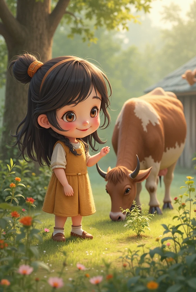 Beautiful with dreamy eyes, Calf and cow, Cute Girls, Volumetric Light, Ultra-realistic, Intricate details, shape, Painting, watercolor, Cute Chibi, , ah!, Shallow depth of field, Pastel Color Palette, Soft lighting, Minimum, Modern, Digital Painting, Lois Van Belle、Ross Tran、Art by artgerm, Artstation HQのトレンド, Very detailed，