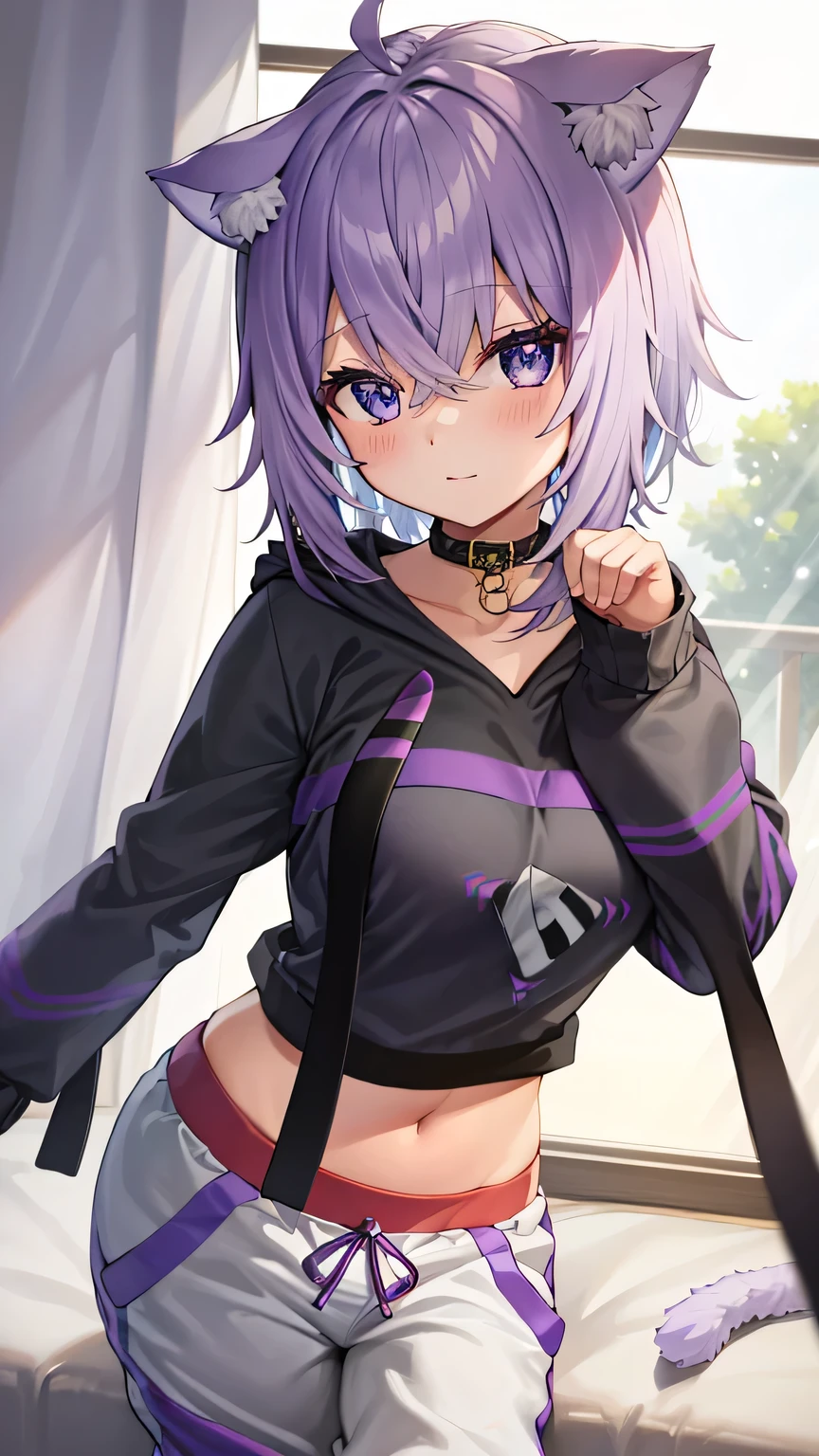 {{{masterpiece}}}, (best quality:1.5), (ultra-detailed:1.5), {illustration}, {{an extremely delicate and beautiful}}, (beautiful detailed eyes:1.6), absurdres, highres, extremely detailed face, 16k, hd, visual anime de uma jovem mulher, extremamente bonito rosto de anime, anime melhor garota, (perfect hands, perfect anatomy), anime face, Nekomata Okayu (Hololive Gamers), 1gril, solo, cute face, okayudefault, cat girl, short hair, purple hair, cat ears, animal ear fluff, ahoge, crossed bangs, sidelocks, (purple eyes:1.3), cat tail, medium breasts, big hips, curvaceous, BREAK, aaokayu, black hoodie, (print hoodie(onigiri print:1.2)), short , black collar, black hood, hood down, long sleeves, black sleeves, animal collar, (white sweatpants:1.5)