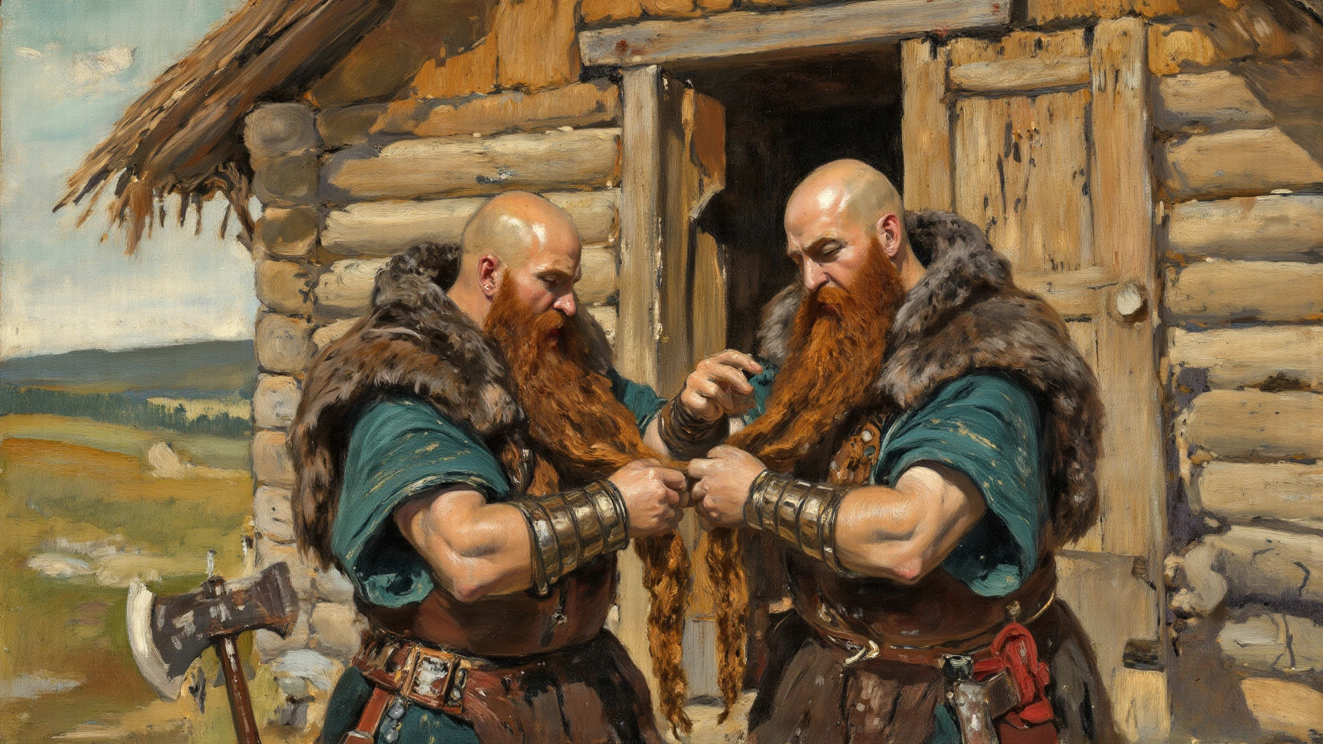 man, Viking, short stature, Age 60 years, strong, thick, big breasts, big belly, Red hair, big red beard, thick body hair, густые Red hair на груди, густые Red hair на животе, густые Red hair на лобке, густые Red hair на яйцах, thick hair on arms, thick hair on legs, tattoos on body, Tattoos on the torso, without outerwear, only in a short, hip-length skirt made of green fabric, the skirt is held up by a leather belt with a gold buckle, in a medieval pub, sitting on a bench, holding a wooden mug with beer, night, warm light from kerosene lamps