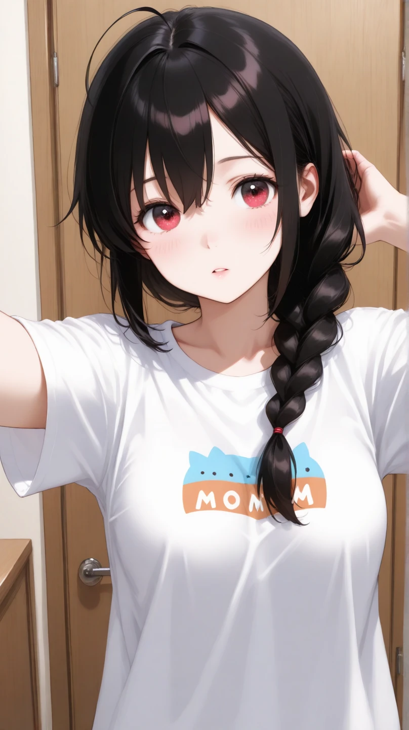 realisticlying、Two 45-year-old girls、T-shirt wearing,Face enhancement,Chest super large zoom、Looking up from the bottom,Blushing,Red lips,A sexy,Bed sit,Open your mouth wide、Put your arms around the back of your head、Wearing underwear,Approach here,Open your mouth wide