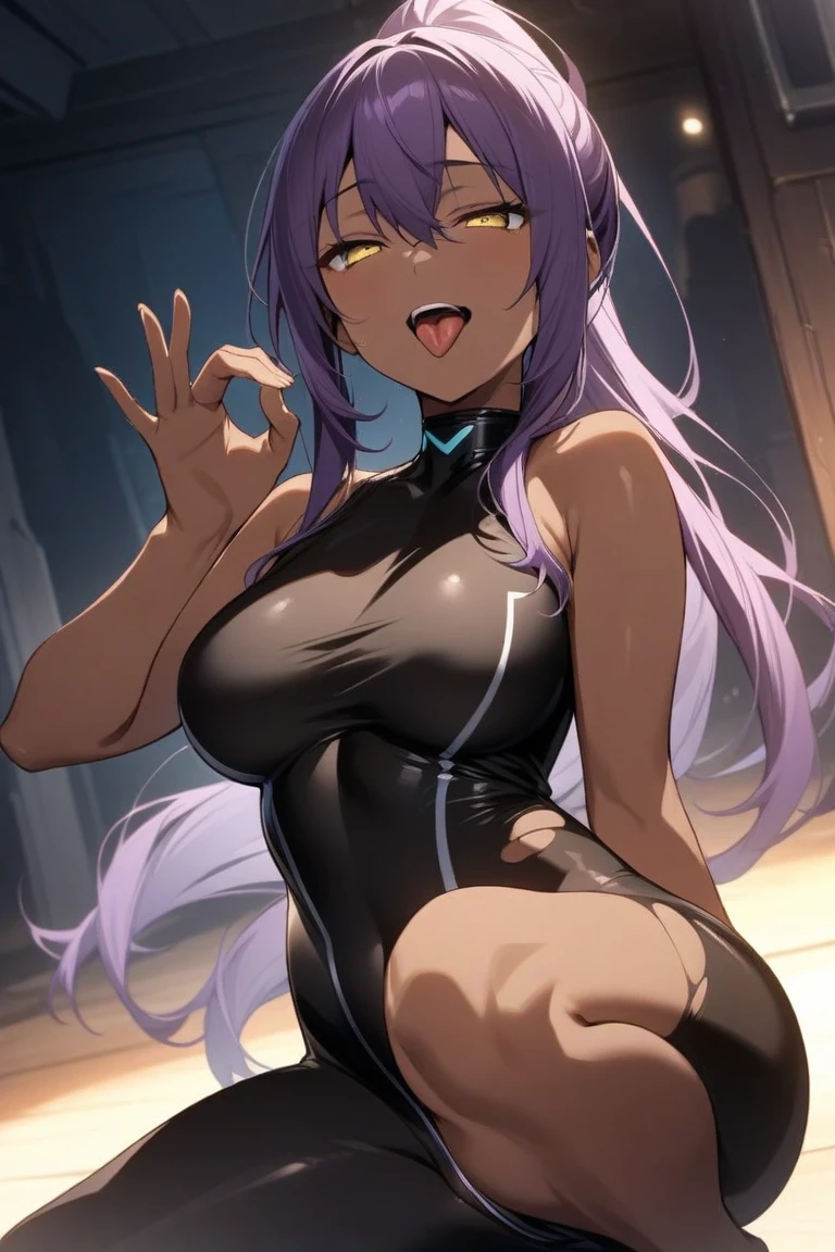 Cyberpunk style、There is a sense of dynamism in the movement、wearing a long black dress、A beautiful lady with bright pink hair and a smile、Relax in bed、holding two swords in hand、Dark interior with blue-green tones、pc wallpaper