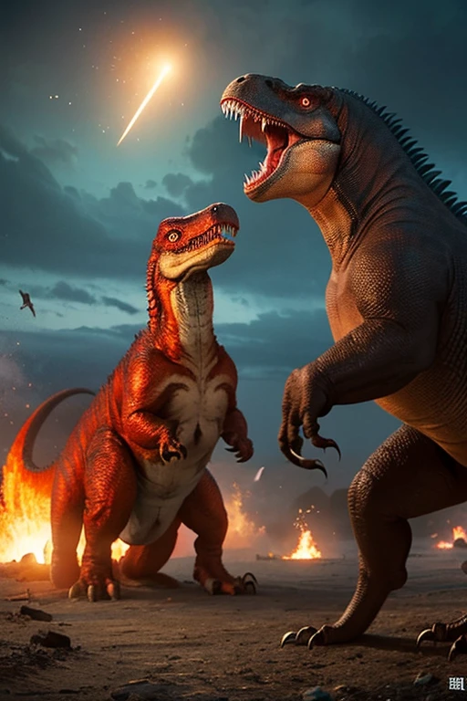 a fierce battle between a T-Rex and a triceratops, (The best quality, 4k, Altas Resolightsones, ultra detailed), intense fight, roars and trumpets, Dusty prehistoric landscape, realistic shadows, vivid colors, (detailed, intricate, elaborate) Dinosaur scales and textures, Dynamic Moves, (feroz, determined) Expressions on dinosaur faces, (powerful, muscular) Bodies, sharp teeth and horns, (big size ass, imposing) size, (dramatic, dynamic) lights, (powerful, energetic) Pose, (tension, anticipation) In the air,1 versus 1,blood,hunting,defending himself,life or death fight