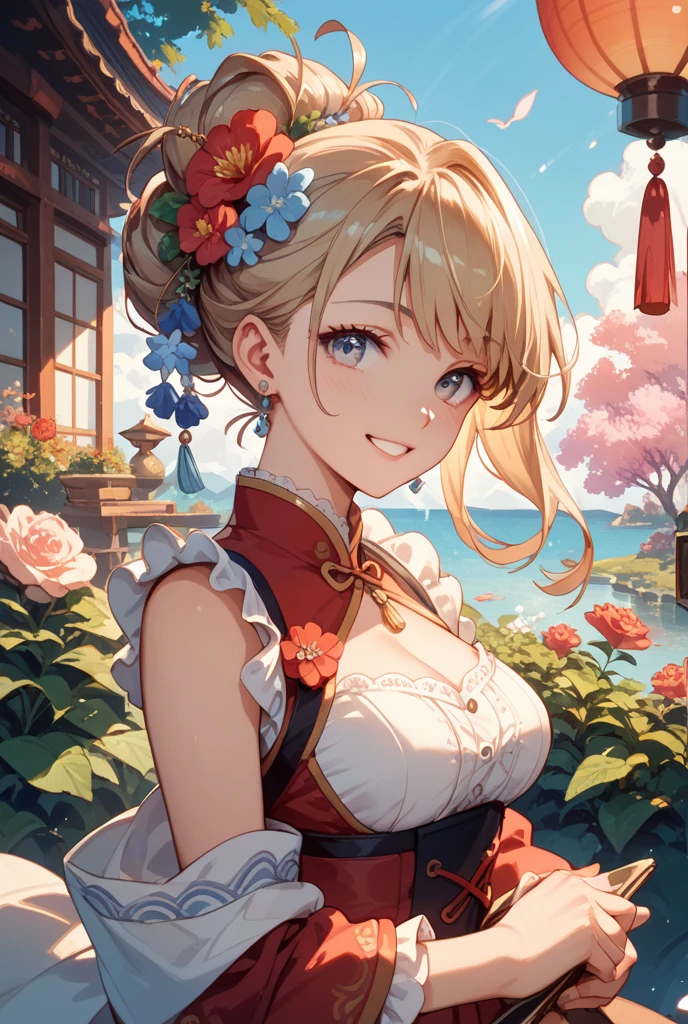 ultra-detailed, ((one girl)), hyper detailed, absurdres, 8K, Beautiful Face, (Laugh shyly), ((teasing smile:1.8)), ((Wink:1.8)), (Laugh with your mouth wide open),(Tilt your head:1.3),(Put your hand over your mouth:1.8), View your viewers, ((Bright red cheeks:1.6)),Glossy Red Lips, ((Big Breasts:1.5)), (valley),night, Large rivers,On Bridge, firework, (Brighten your face), ((Anime style background)),masterpiece, Highest quality, so beautiful,Latest, Complex details, (Pink long nails), (nail art), (ring),(bracelet), (Floral Choker),AI-generated, Complex,High resolution, Highest quality, super high quality,3D Images、3D Images,One person,Long white hair,(High Ponytail), (wavy hair:1.3), Anime woman posing for a photo, ((Fine grain、sky blue eyes、glowing eyes:1.4)), (Squint your eyes:1.1),a hyperRealistic , hyperRealistic , Realistic,Long white hairのアニメ女性, Smooth anime CG art, A girl in a gorgeous kimono with gold embroidery, ((black furisode)),(Red large floral pattern) ,Long flower hair ornament,Floral Earrings,Mature Body, tall,Abdominal muscles,Tight waist, ((learning forword+looking up+from above:1.7))