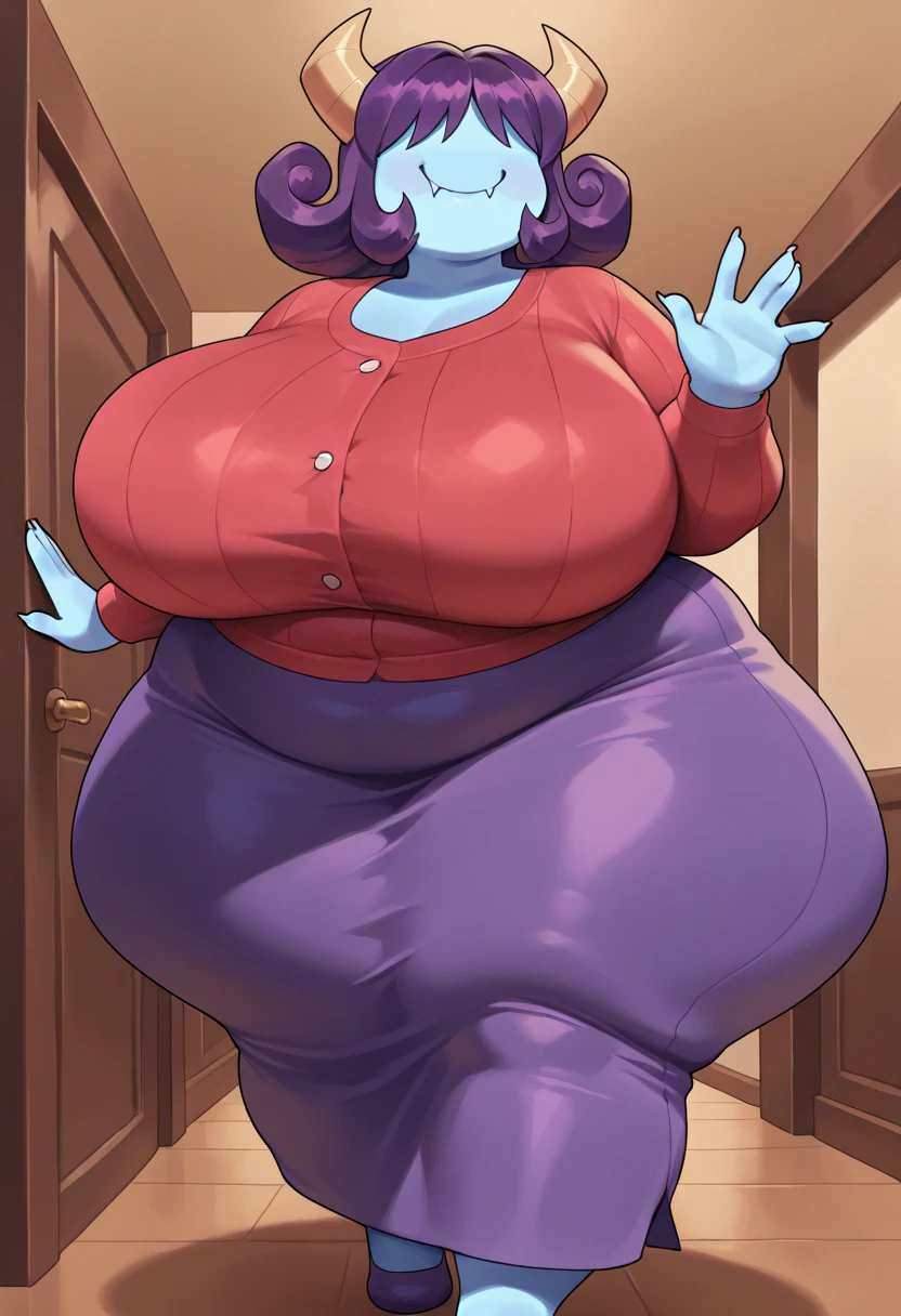 masterpiece, (photorealistic), (8k) , (best quality), perfect quality, solo, (detailed eyes:0.9), tiefling girl, blue skin, and matching blue hair in a luxurious room, looking directly to the belly, shy, sad, crying, tearfully showcasing a shy expression and a hint of sadness, wearing a sophisticated drees, chubby, belly, bimp, fat, overweight, big belly, bulging belly, shy, exposed belly, ripped dress, tight dress, with horns emerging from her head, hand-drawn, volumetric, ultra beautiful, dramatic lighting, very young, face : (very young, European, thin face, eating muffin, pleasure, very beautiful face, young). figure : (very full figure, curvy, chubby belly, very chubby, bbw, plus size, fat rolls, fed up, big deep navel, very soft, big breasts, sexy, sexy pose, fat thighs). clothes: (tight red dress, ripped on side dress, ripped red tights ).