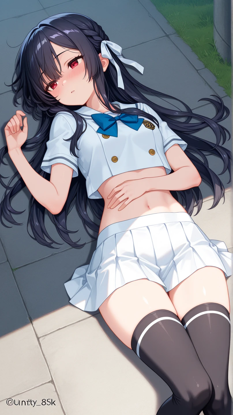 (short cute girl,small young student,young delicate girl),(masterpiece,Top quality),school uniform,long black hair,belly button,sleepy