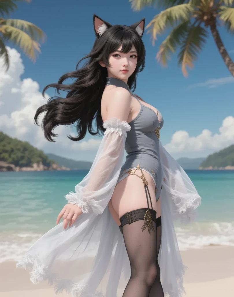 Two good-looking sexy asian beauties wearing three-point long hair, tongue out, big breasts, hands covering chest, seductive pose, full body, standing, long legs, high heels, beach --auto --s2