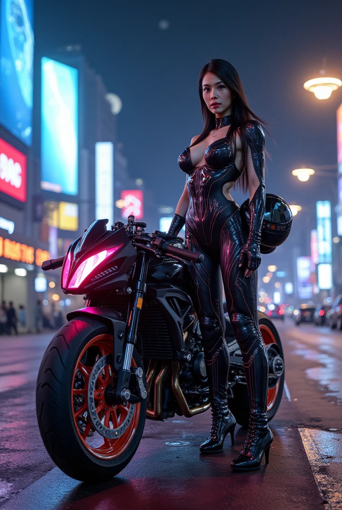 Huntress riding a high-tech motorcycle, Shoot high-tech cannons, Sparks from guns, (1 female, brown eyes, white skin, Twin-tailed black hair, choker, small breasts, skinny, lip whole, compensate, eyeliner, Russia), Wearing black one-piece leather armor, Long leather gloves, long Leather boots, In a cyberpunk town at night, (cyberpunk theme), (masterpiece, highest quality, 8K, sharp focus, written boundary depth, best shadows, perfect light, HDR, realistic skin texture, Ultra-detailed and detailed background), wide shot
