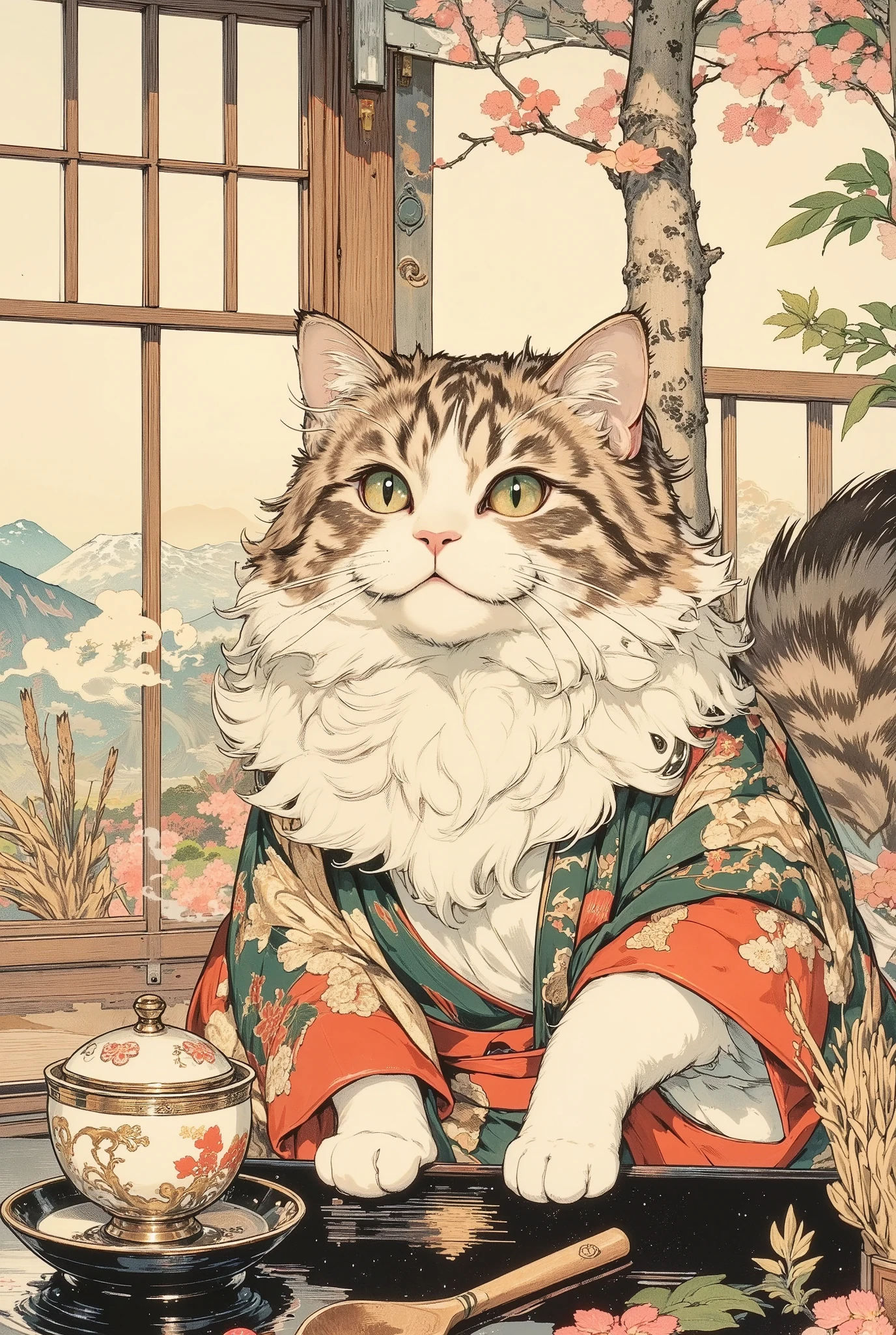 A cheerful cute cat is holding a tea ceremony. The cat is sitting in a seiza pose (on his knees) in front of a low lacquered table. A cat in an anthropomorphic style, but with an emphasis on cuteness: Big round eyes with a sparkle of joy. Fluffy coat with delicate gradients (white-red or gray). The cat is wearing a miniature kimono with a traditional pattern (for example, a saya with waves or flowers).There is a traditional tea set on the table: A kyusu teapot with an elegant pattern. Tyawan bowls with a couple of sakura leaves or steam curls. Wooden spoon chyashaku and bamboo whisk chyasen. The background is a Japanese interior and nature: Shoji (sliding doors) with soft light, behind them is a garden with maple trees. Peaceful landscape — mountains, cherry blossoms, light fog. The caption in the corner is a stylized hieroglyph "猫" —a cat. Warm golden lighting, like in Utamaro's engravings. Light translucent clouds of steam from tea.A peaceful mood, but with a touch of playfulness. The cat should look focused, but with a slight smile.Color palette: muted ochres, green, pinkish-peach. Style:Ukiyo-e (Japanese engraving of the Edo period) with characteristic features:Clear contours, smooth lines. Flat but expressive colors with soft gradients. Traditional Japanese perspective (slight bending of space is possible). Fine elaboration of details, especially in textures (wood, fabric, fur).Stylized digital art. High detail. 4K quality.