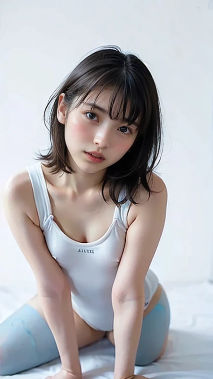 20 year old Japanese beauty，Cosplayer Enako、Race Queen、Slim and cute、Perfect Eyes、Realistic 3D nude images，Bust is very very very small、Full body image showing breasts、The background is a spotlit stage、High quality photos、Showing off hairless genitals、clear, Clear image of the lower body、Masterpiece 8k(1.3)、A little troubled face、