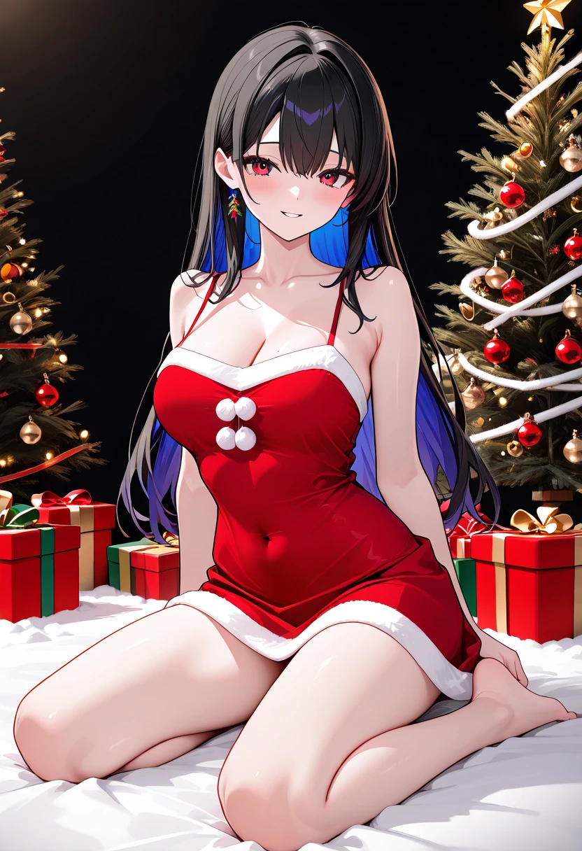 (nsfw) A solo lady, adorned with Multicolored Hair, wearing a captivating red dress that accentuates her figure. She sports a pair of short bangs, adding a playful charm to her appearance. Accessorized with a bow atop her head, a necklace, and earrings that sparkle under the Christmas tree lights. Her eyes, an alluring purple, gaze intently at her viewers, as if inviting them into her world. The gift box at her side, wrapped with a matching ribbon, seems to hint at a secret. She completes her outfit with fishnet tights, a bracelet, and a pair of knee socks with Hamel. The cowboy shot