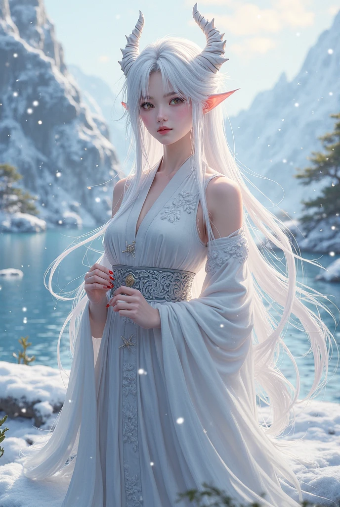 One wearing a white dress、Close up of cat-eared woman, ethereal beauty, Stunning young and ethereal figure, flowing white robe, flowing skirt, flowing magic robe, beautiful girl, Very beautiful elf top model, Beautiful digital art work, tall thin beautiful goddess, beautiful goddess, Beautiful fantasy girl, beautiful fantasy art, Smooth digital concept art, Smooth anime CG art,heavy snow,snow mountain,lake,white hair