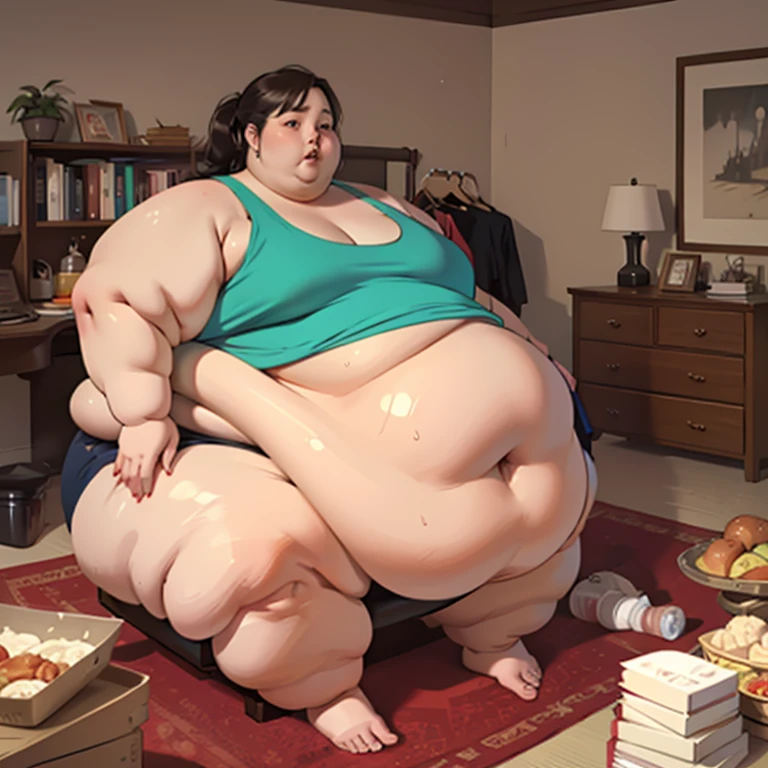 A very fat woman with her feet showing the very detailed soles