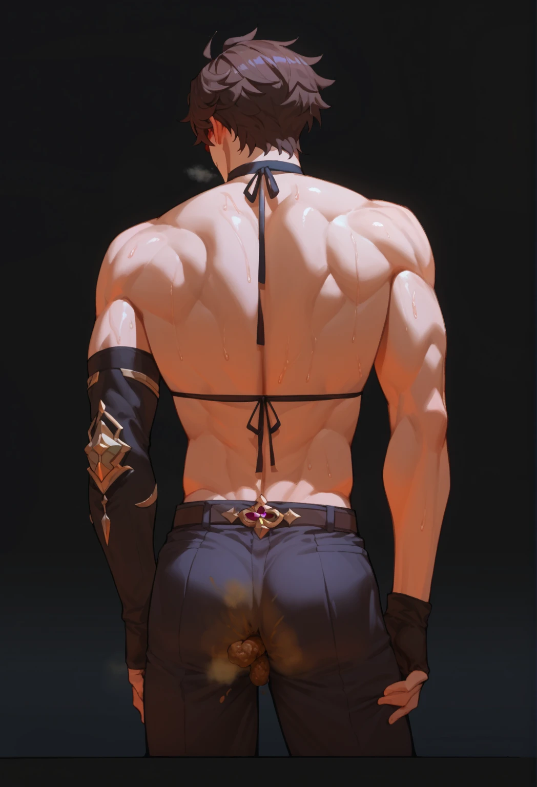 mature male, Demon, white colored hair, Short hair, Horns, blue eyes, demon wings, Seduction Smile, topless male, muscular, leather belts, BDSM, leather pants, (view from his back:1.5)
