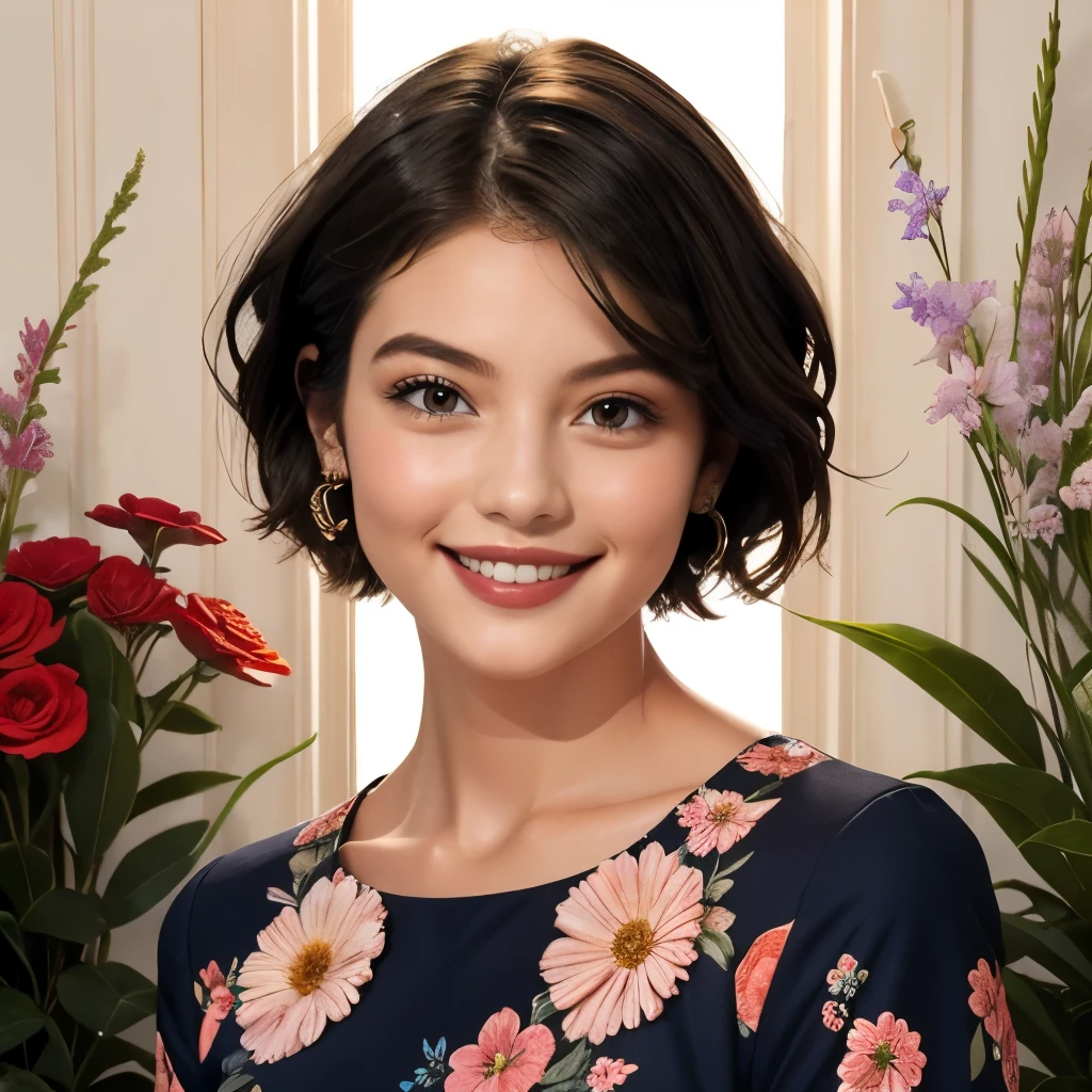 391 ((young woman)),(short hair),(floral dress),(archic smile)