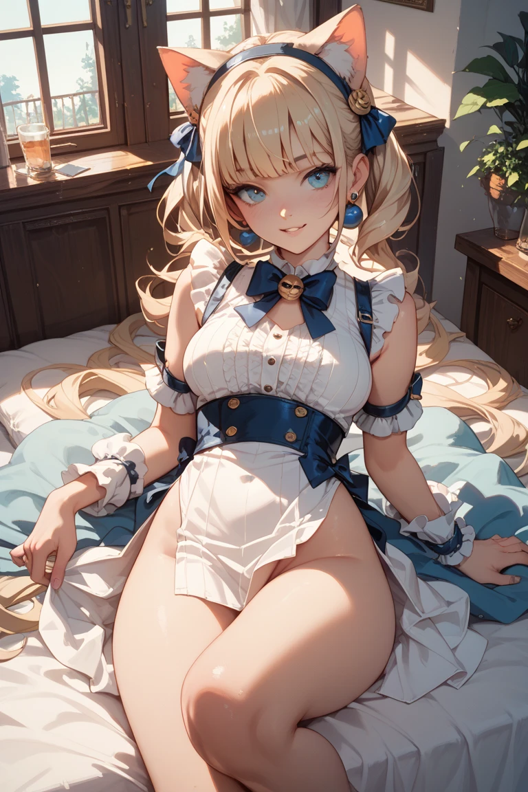 ((8k, masterpiece, highest quality)), ultra high resolution, best shadow, illustration, high detail, very detailed, solo, blonde hair, beautiful hair, blue eyes, shining eyes, beautiful detailed eyes, semi-undressing, maid clothes, maid clothes with fine beautiful embroidery, mini skirt, cute, cute, smile, medium hair, half up ponytail, medium chest, cleavage, slender, white and beautiful body, shy, cheek, constricted, upper body, cowboy shot, embroidered lace underwear, lying in bed, bedroom,