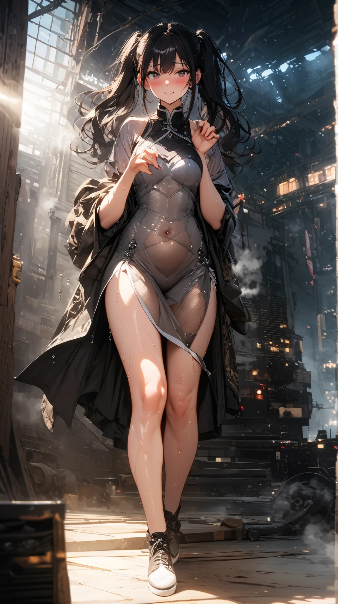 highest quality,Very detailed,((whole body)),((One Girl)),((trap)),((bulge)),Black choker,((Blonde Short Hair)),((blush)),((I was upset)),((Big Breasts)),(Big Ass)、Narrow waist、(trench coat),(Black mesh top),(High heel long boots、Vibrant colors,Soft lighting,((background:street))、Sexy Body、((belted clothing))、((See-through:1.2))、