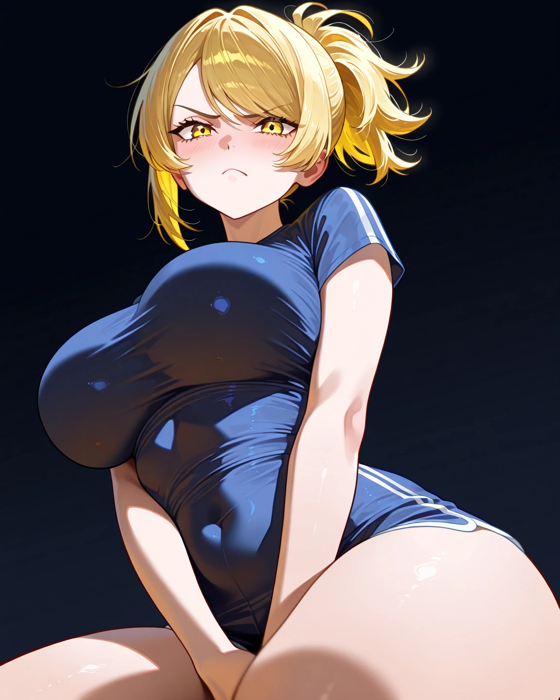 1girl, sleeveless dress, cleavage, (from below), arms behind back, kohaku, blonde hair, blue eyes, large breasts, solo, wide hips, thigh gap, squatting, spread legs, <lora:kohaku-05:0.75> , simple background