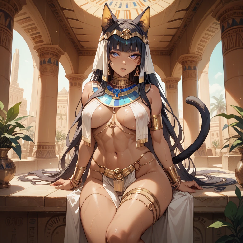 queen panther girl from ancient Egypt, (((panther woman,anthro furry cute,panther female warrior,panther-girl))),(((tail,panther tail,panther ears,thin panther tail,panther ears on head,big panther ears))),(large breasts:1.4,saggy breasts),((black hair:1.4,straight hair,long hair:1.4,colored inner hair)),(((red_eyes:1.3))),intricate eyes,beautiful detailed eyes,symmetrical eyes,((((lustrous skin:1.5,tanned skin,bright skin: 1.5,skin tanned,shiny skin,very shiny skin,shiny body)))),(spider lower abdomen,narrow waist,wide hip,athletic body,inflated legs),(((detailed face))),beautiful detailed lips, slutty,sensual,seductive look,seductive,((erotic)),opulent,(((nsfw))), (((huge cleavage))),revealing clothes,show skin,((underboob)),(barefoot,),Egyptian adornments,(((red veil))),desert warrior with little clothing,((tiny loincloth)),Egyptian tattoo,arms covered in Egyptian adornments,shoulder pad,(((nemes with that of the sphinx))),include hieroglyphics in clothing,((clothing in red and black and white colors)),((Egyptian designs on the arms)),(((Transparent cloth:1.1,wet clothes,intricate outfit,embroidered outfit,ornate outfit,intricate clothes,embroidered clothes,ornate clothes))), dynamic pose,looking at viewer,(smirk,beautiful smile),centered,scale to fit dimensions,Rule of thirds, inside a cavern,pillars,((pillars background,egyptian palace background)),scenery,extremely scenery,(torches,torches in the background),Egypt castle,(sunset, golden hour), (Glossy Egyptian ornaments),(top-quality,8K,32K,masterpiece),high resolution,(Photorealistic:1.4),Ray tracing,Sun glare,depth of fields,By backlight effect,Add depth to your screen,(((vibrant colors,vibrant theme))),(intricate),(high contrast,photorealistic artwork:1.37),(best quality,4k,highres,masterpiece:1.2),ultra-detailed,(realistic,photorealistic,photo-realistic:1.37),professional,