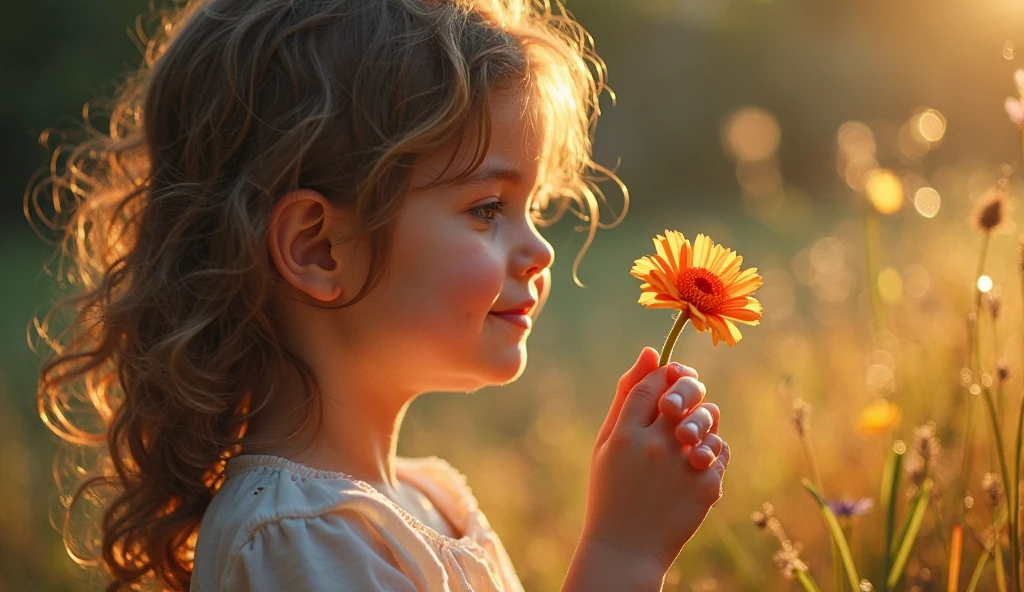 Create an extra realistic image of a 2-year-old girl named Maëlia, with big sparkling eyes and long lashes, smiling sweetly. She has full cheeks and is dressed in a light, floral-patterned dress. The photo captures her sitting in a field of daisies, with the soft sunlight highlighting her face, giving a natural glow to her delicate features. The image is captured with a prime lens featuring a wide aperture (f/1.4 or f/1.8) for shallow depth of field, ensuring a creamy bokeh that softly blurs the background while keeping her facial features incredibly sharp. The style of image is Dark Studio. A zoom effect using a telephoto lens is employed to slightly compress the background, making the flowers appear closer and enhancing the subject's prominence. Ensure that her hands are visible with exactly five fingers. Negative prompt: No additional fingers, out of frame, lowres, text, error, cropped, worst quality, low quality, jpeg artifacts, ugly, duplicate, morbid, mutilated, out of frame, extra fingers, mutated hands, poorly drawn hands, poorly drawn face, mutation, deformed, blurry, dehydrated, bad anatomy, bad proportions, extra limbs, cloned face, disfigured, gross proportions, malformed limbs, missing arms, missing legs, extra arms, extra legs, fused fingers, too many fingers, long neck, username, watermark, signature.