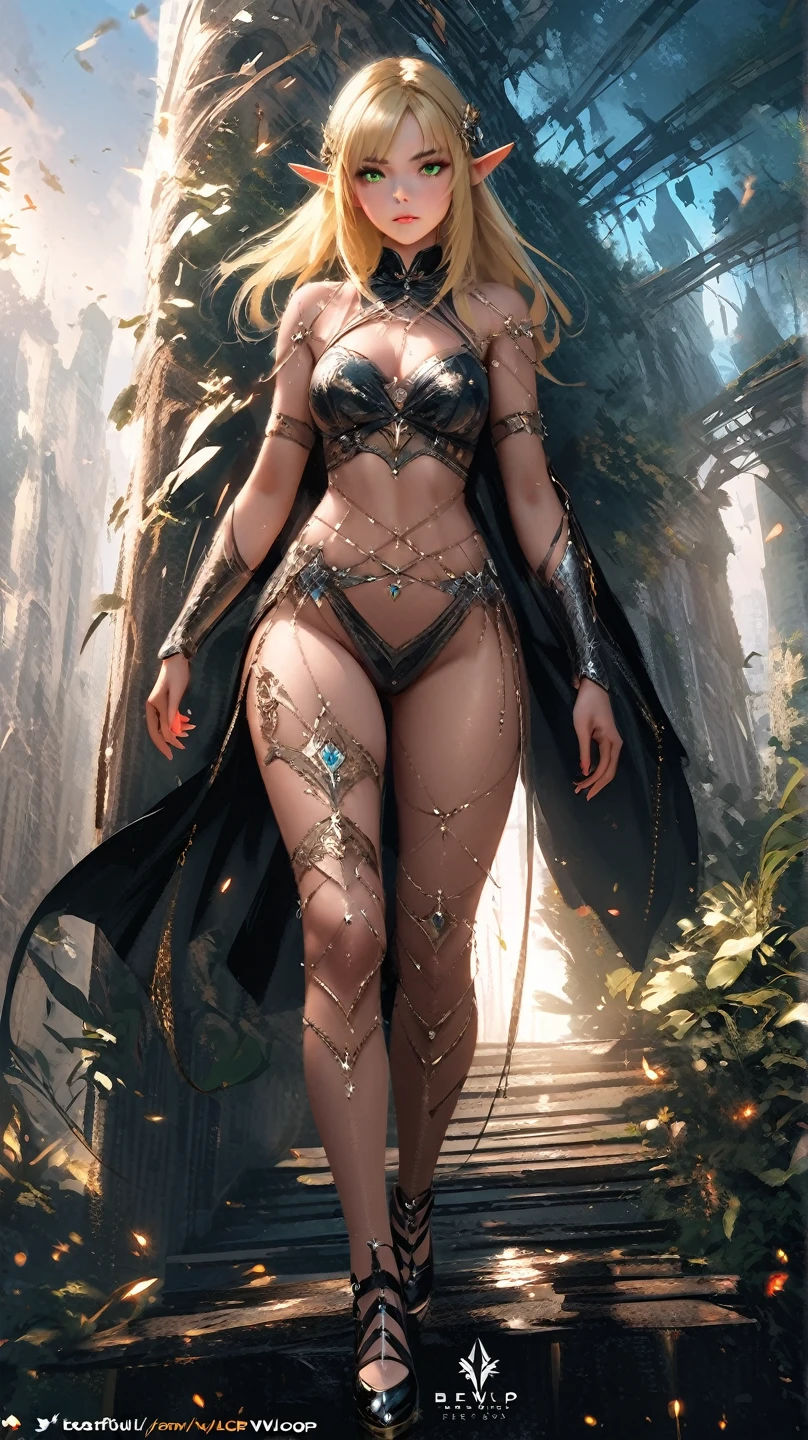 (masterpiece, best quality:1.2), 1girl, 8k, Full body view, standing, (detailed elf ear, Wood elf, 1 woman, elven featured face, smiling), (massive bulging breast, topless, pink areolas, cylinder shaped nipples), (beautiful green eyes, detailed eyes, braided blonde hair, thick hips, narrow shoulders, hourglass, thick blonde pubic hair, camel toe), ((slingshot swimsuit)), (leather green hooded cape, thin braided leather straps, gartered bustier and panty, elven designed outfit, gold laced ivy leaf pattern), (medieval setting, woodelf tree fort, ivy vines, oak forest, great oak background),