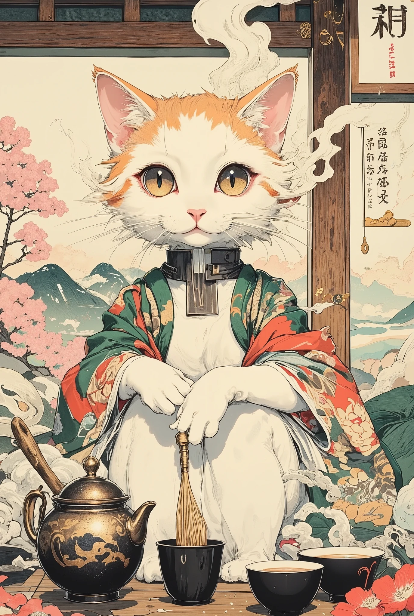 A cheerful cute cat is holding a tea ceremony. The cat is sitting in a seiza pose (on his knees) in front of a low lacquered table. A cat in an anthropomorphic style, but with an emphasis on cuteness: Big round eyes with a sparkle of joy. Fluffy coat with delicate gradients (white-red or gray). The cat is wearing a miniature kimono with a traditional pattern (for example, a saya with waves or flowers).There is a traditional tea set on the table: A kyusu teapot with an elegant pattern. Tyawan bowls with a couple of sakura leaves or steam curls. Wooden spoon chyashaku and bamboo whisk chyasen. The background is a Japanese interior and nature: Shoji (sliding doors) with soft light, behind them is a garden with maple trees. Peaceful landscape — mountains, cherry blossoms, light fog. The caption in the corner is a stylized hieroglyph "猫" —a cat. Warm golden lighting, like in Utamaro's engravings. Light translucent clouds of steam from tea.A peaceful mood, but with a touch of playfulness. The cat should look focused, but with a slight smile.Color palette: muted ochres, green, pinkish-peach. Style:Ukiyo-e (Japanese engraving of the Edo period) with characteristic features:Clear contours, smooth lines. Flat but expressive colors with soft gradients. Traditional Japanese perspective (slight bending of space is possible). Fine elaboration of details, especially in textures (wood, fabric, fur).Stylized digital art. High detail. 4K quality.
