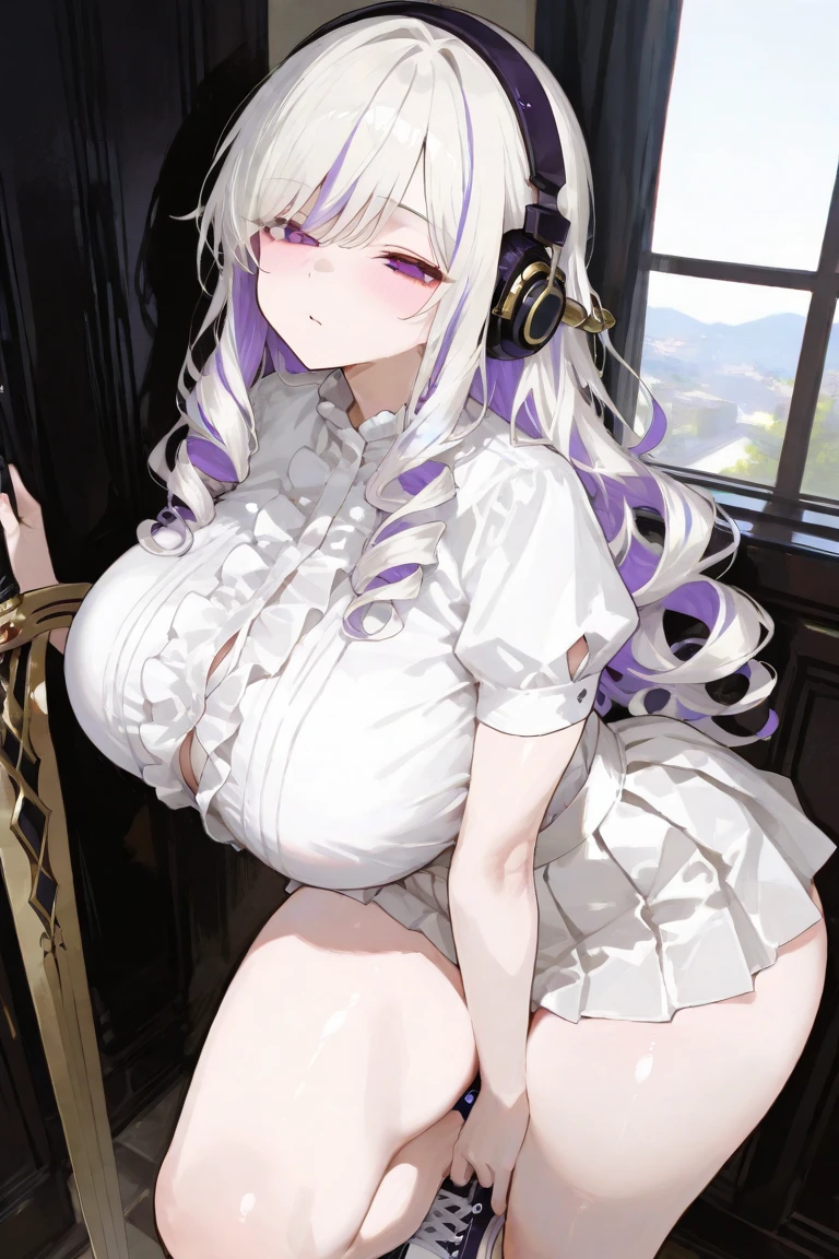 a beauty girl，Purple eye，White curly wave head，Jacket jacket，Crop top short sleeves，cropped shoulders，nabel，(huge tit)，Low-rise extra-short jeans，Black Knee Socks，White high-heeled booties，Silver necklace，Circle earrings，Leg loop straps，Shoulder belt，Bracelet，ruri，Church glazed windows，，(Very fine and beautiful)，Exquisite background,（tmasterpiece）(HighestQuali)，(tmasterpiece)，Epic composition，The Temple of Splendidness，8K，Dingdall effect，Meticulous background，sophisticated composition