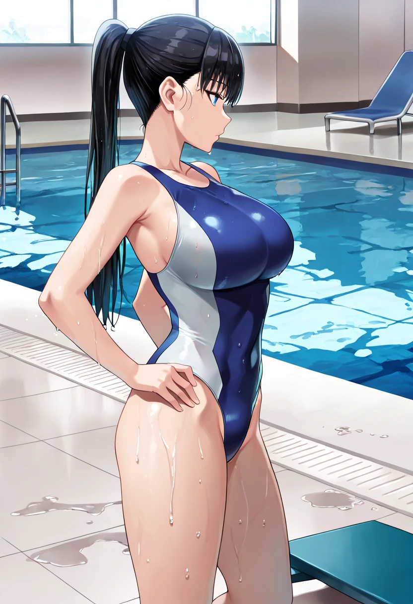 beautiful girl、high school girl、Back view、Wet black hair、Shy expression、blush、Navy blue school swimsuit、big breast body shape、Very huge bust、Japan School Pool、Water Drop、Wet Skin、Wet swimsuit
