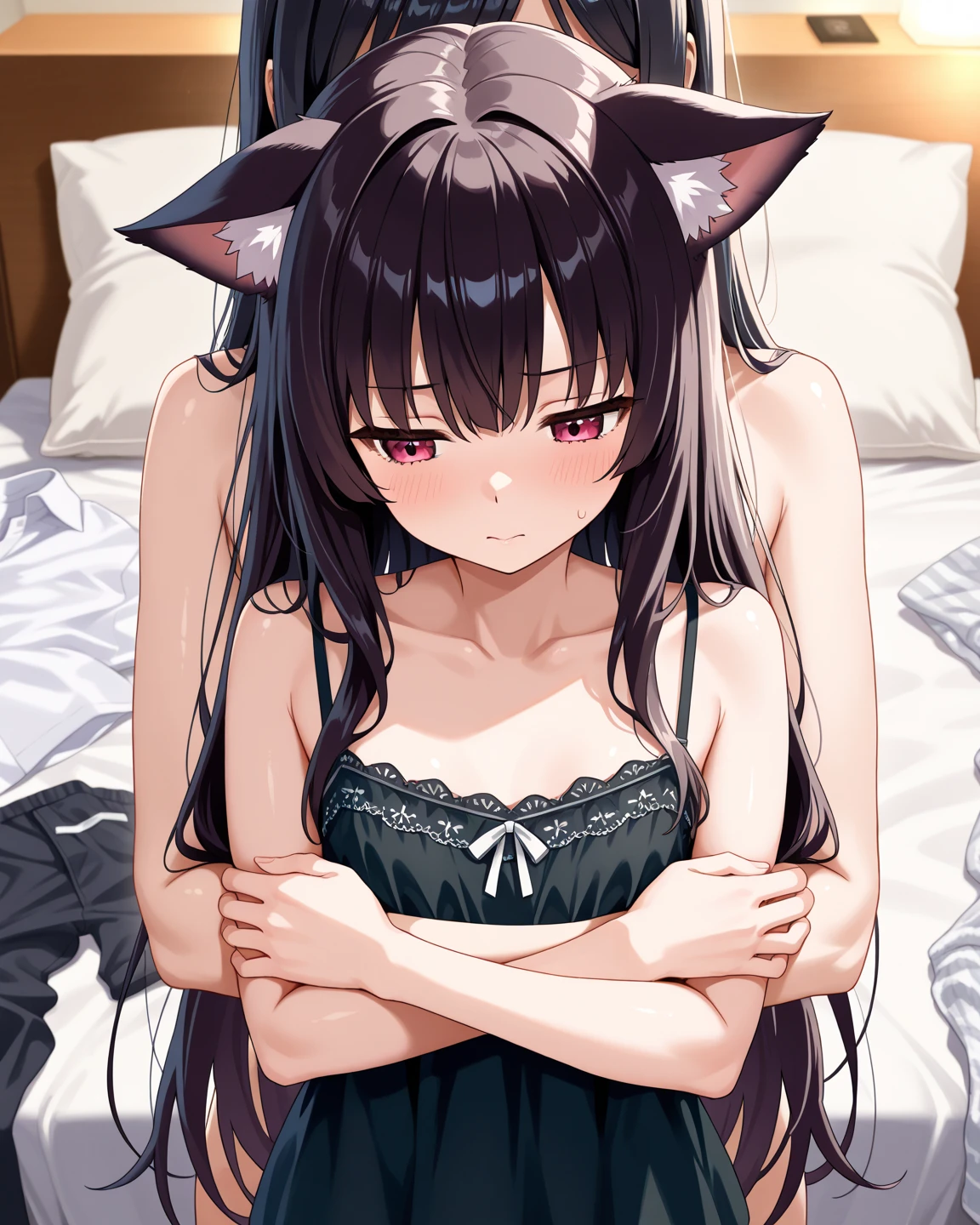 Sleeping girl with cat ears, 22 years old, actual, She wears a pink bikini, brown hair.Hold a vibrator