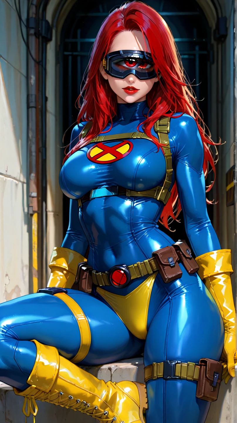 1 girl, (finely detailed beautiful eyes and detailed face, porn star face), Blue eyes, huge breasts, ((Red hair, Red Plug Suit)), Body, Hip, standing, from below, highest quality, a high resolution. complex parts