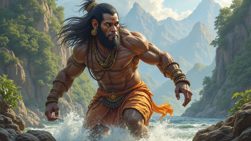 LORD HANUMAN ,a 35 years old man who has a face of a monkey, has a long tail as a monkey, proper super detailed eyes, proper super detailed hands, proper super detailed legs, An Indian god, Lord Hanuman, face of a monkey , moderate stature, has a big tail, a big blue waterfall in the background, strongly built, broad-chested, narrow-waisted, and long-armed, big gada in his hand, in a dark forest (Professional 3D rendering:1.3) by (Realistic:1.3) World's most beautiful art picture, Features soft, dark complexation male heroes , hindu god, indian god, ((Epic hindu god , lord Hanuman, fantasy rough muscular man wet hero angry look long hair long slightly white beard and fierce expression in dynamic pose, wearing a orange robe, inside a jungle infront of a big waterfall, sunlight in the background, majestic environment)), full body 8k unit render, action shot, skin pores, very dark lighting, heavy shading, detailed, Detailed face, (vibrant, photorealistic, Realistic , Dramatic, Dark, sharp focus, 8k), (orange cloths with heavy jewelry r:1.4), (intricate:1.4), decayed, (highly detailed:1.4), painting digital, rendering by octane, art stations, Concept-Art, smooth, sharp focus, illustration, germ of art, (Loish:0.23), Wlop Ilya Kuvshinov, and Greg Rutkowski and Alphonse Mucha Gracias, (global illumination, studiolight, Light Volumetric ), heavy rain, floating particles, scoundrel, fantasy, Eleven, full bodyesbian, ((Dark jungle background:1.3)),CGSesociedade,art stations