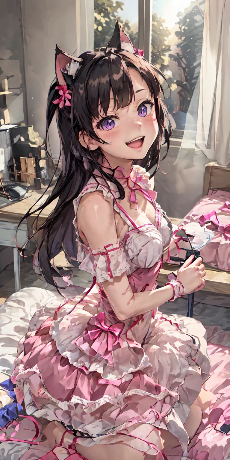top-quality、extremely delicate and beautiful、Soio、Soio、8-year-old little girl、japanes、Lori、chiquita、elementary student、A dark-haired、((Pink leotard))、（highleg）dress room、、Tiara on the head、A smile、is standing、Facing the front