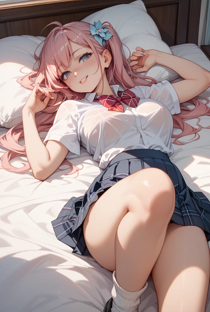 Anime girl lying on bed、Put your hands on your stomach, a hyperrealistic schoolgirl, a hyperrealistic schoolgirl, Realistic Schoolgirl, Ecchi, the anime girl is crouching, high detailing!!, beautiful anime girl squatting, giantess art, Anime Barbie in white stockings, photorealistic anime, [ photos realistic ]!!, Very realistic