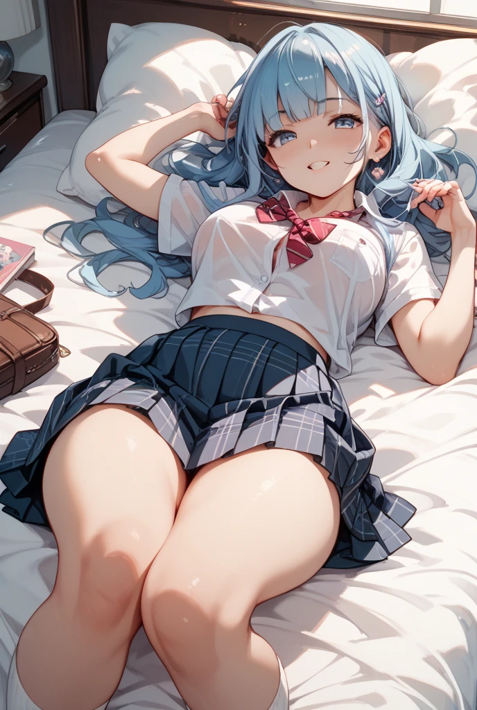 <lora:meinamix_ayaka_v2:0.7>,kamisato, open mouth, school uniform, navel, semitransparent white silk stockings, flowers in right hand, lying in bed, side to the viewer, indoor, window, sky, perfect fingers