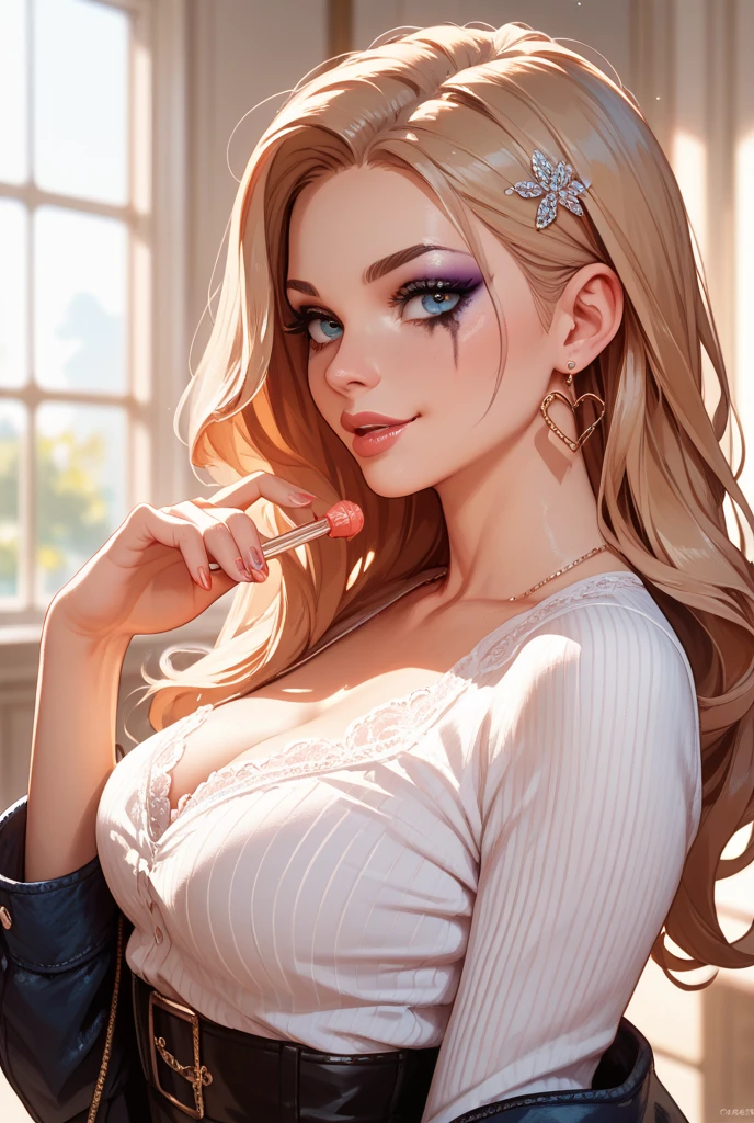 hair in a high ponytail, crystal blue eyes, horny 25 years old, busty, cleavage, blouse unbuttoned , skirt, standing, coy smile with open parted lips, (blushing:1.3), looking invitingly at the viewer, facing the viewer, livingroom background, leaning forward in a doorway, (pov), glowing eyes, necklace, earrings, nsfw,