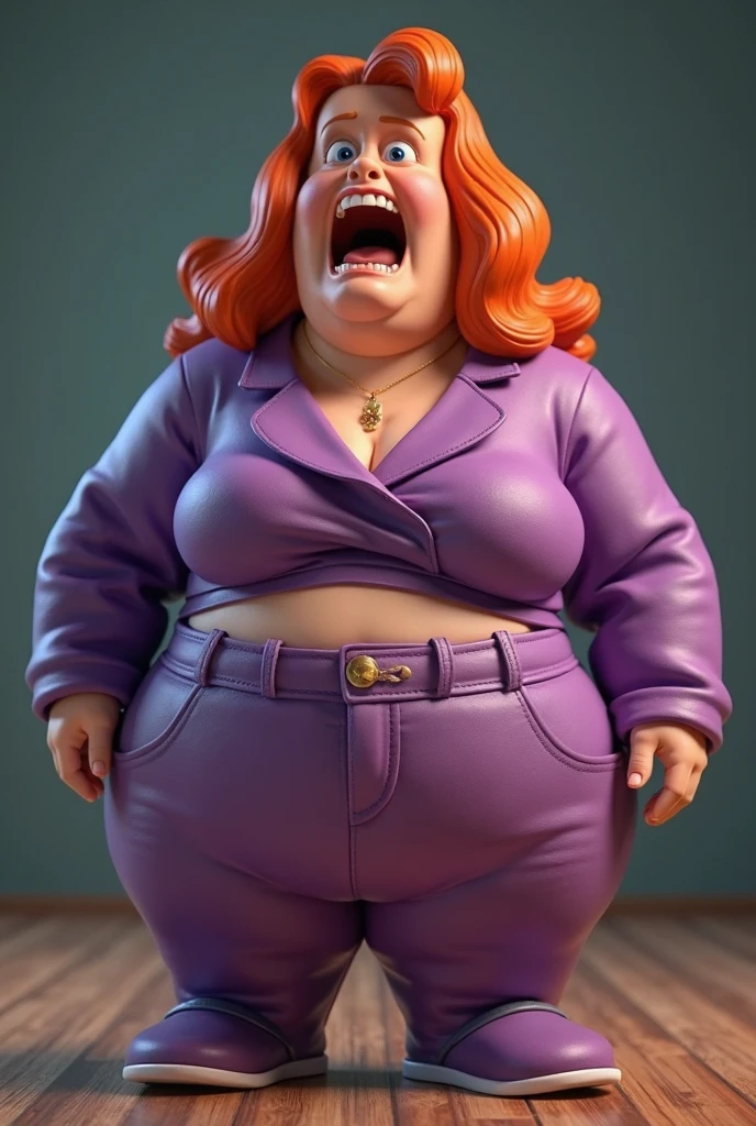 Generate a 40-year-old overweight woman , with dark red hair,with marked and pointy black eyebrows, with dark brown eyes with a lot of black eyeliner and large in the eyes, with a big mouth and outlined in dark brown, with a high, short ponytail on her head and with damaged and dry hair, with a blue robe that fits her body very tightly , with tight leggings and black boots, and she has an angry or mean face, with many earrings in her ears and a nose piercing