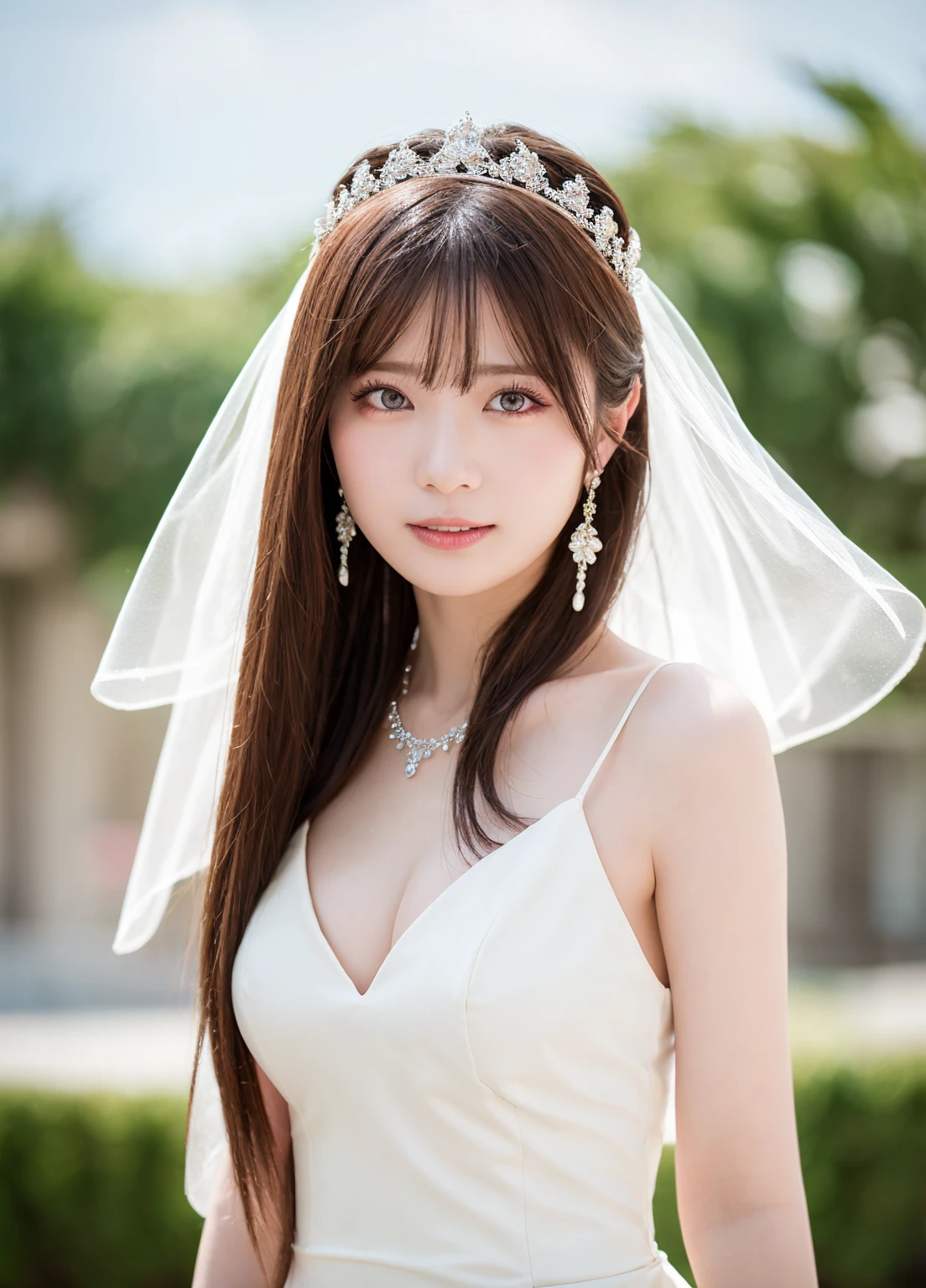 (Highest quality、Tabletop、8k、Best image quality、Award-winning works)、One pretty bride、(alone:1.1)、(The most extravagant and gorgeous huge pure white wedding dress:1.2)、(Perfect Wedding Lace:1.2)、(The most gorgeous and luxurious giant tiara:1.3)、(The most extravagant and luxurious giant necklace:1.3)、The finest jewellery decoration、Perfect Makeup、Long eyelashes、Ultra HD Shining Eyes、Ultra HD Hair、Ultra-high resolution glossy lips、Super high resolution beautiful face、(Accurate anatomy:1.1)、Very bright and beautiful skin、very bright and vivid、Perfect beautiful bridal hairstyles、(Front facing body:1.1)、(The most refreshing and beautiful forest background:1.1)、(Small breasts:1.1)、(Small breastsの谷間:1.1)、(Perfect beautiful bridal photos:1.1)、(The cutest smile:1.1)、(Close-up of face:1.2)