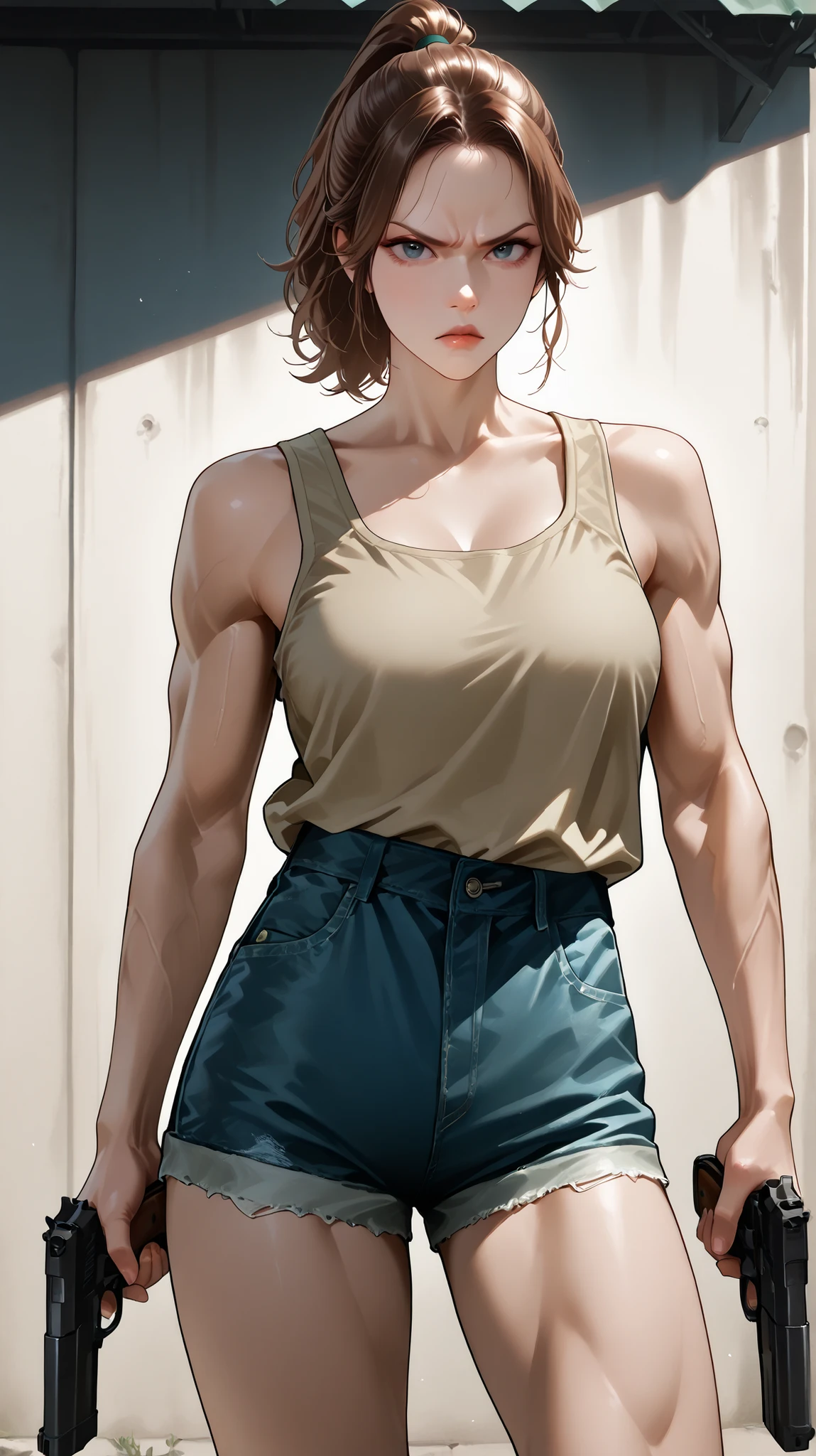 Gta5, very aesthetic, 걸작, 고해상도, 8k 해상도, high contrast, (semi-realistic), newest, koreanai, best_quality, finely_detailed_eyes_and_detailed_face, (1 girl), solo, ponytail, khaki tanktop, denim_shorts, (holding handgun), looking_at_viewer, front_view, cowboy_shot, (humongous_breasts, tall_height, tall girl, muscular), blue_eyes, brown_hair, angry_expression